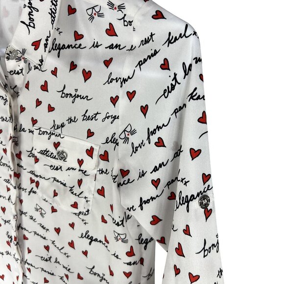 Karl Lagerfeld Paris XS White Blouse Red Heart Script Button Up Roll Tab Sleeve - Picture 3 of 16
